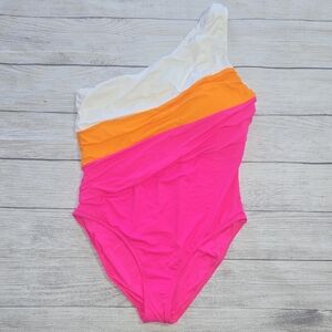 La Blanca Ruched One Shoulder One Piece Swimsuit White/Orange/Pink Size 16 NWT